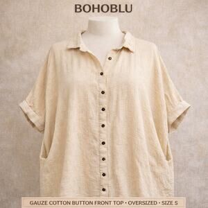 BOHOBLU Gauze Cotton Button Front Top Short Sleeve Oversized Natural Cream S